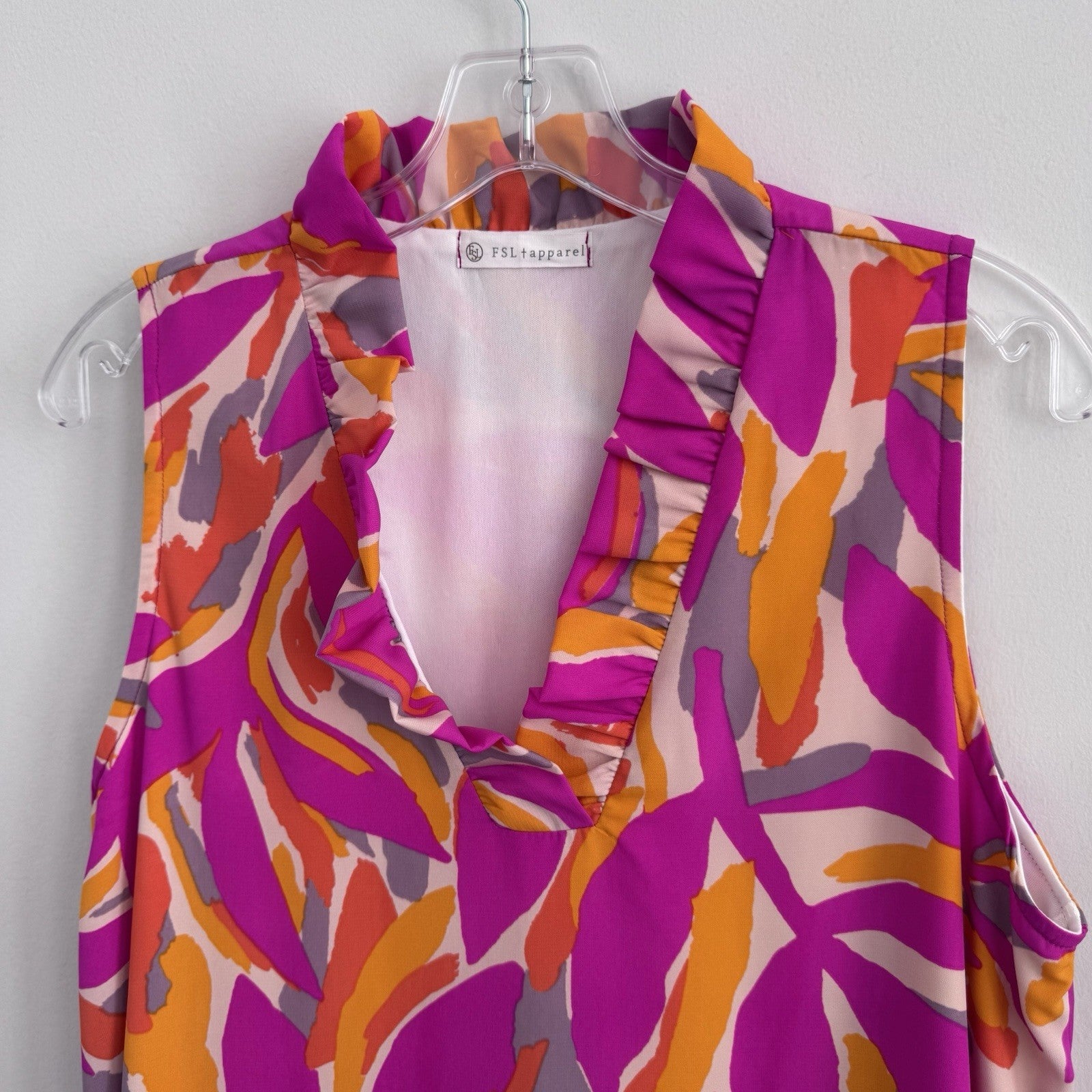 FSL Apparel Sleeveless Ruffle Dress L Pink Orange Abstract Print NWOT