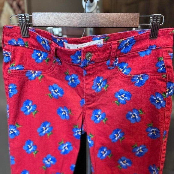 Abercrombie & Fitch Womens Floral Skinny Jeans Size 8 Red With Blue Flowers
