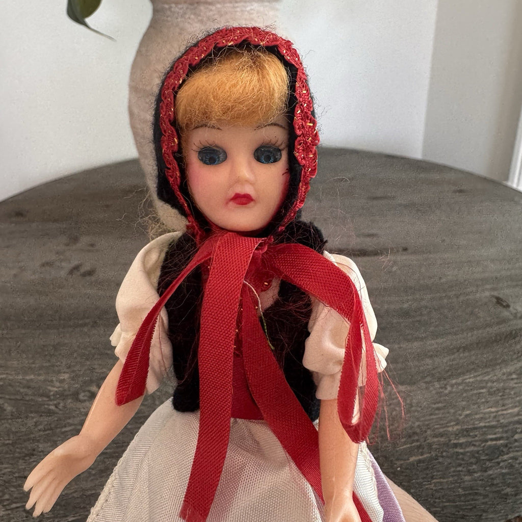 Vintage 1950s Hard Plastic Souvenir Doll Purple Satin Skirt Made in USA