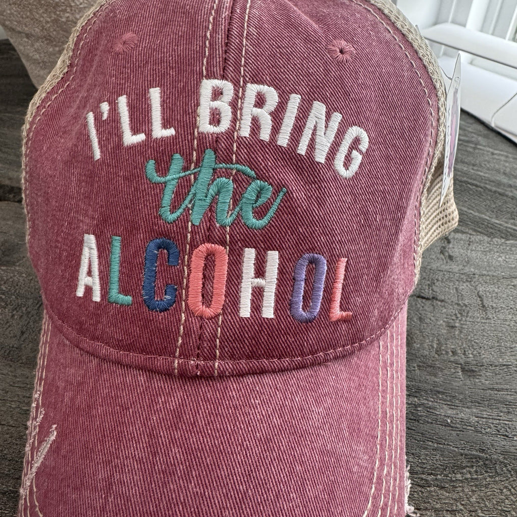 Katydid “I’ll Bring The Alcohol” Distressed Trucker Hat NWT Pink Boutique Cute