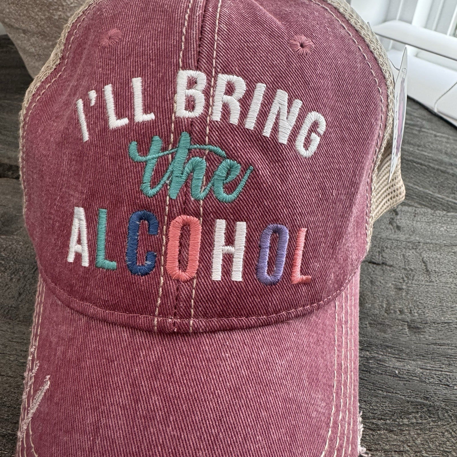 Katydid “I’ll Bring The Alcohol” Distressed Trucker Hat NWT Pink Boutique Cute