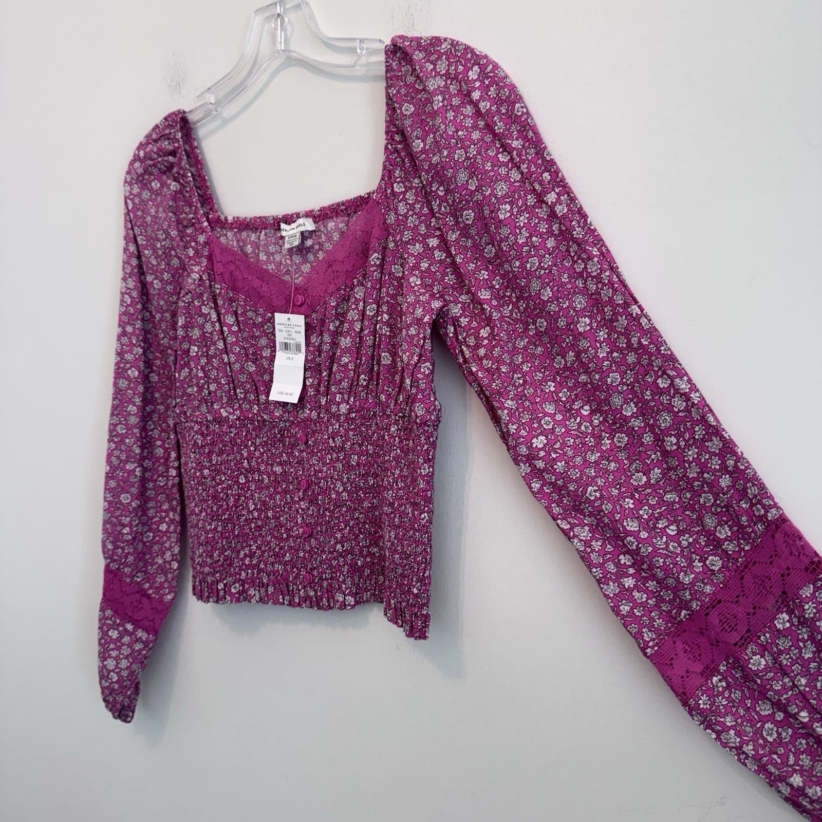 American Eagle Floral Smocked Crop Top Pink Cottagecore Boho S NWT Womens
