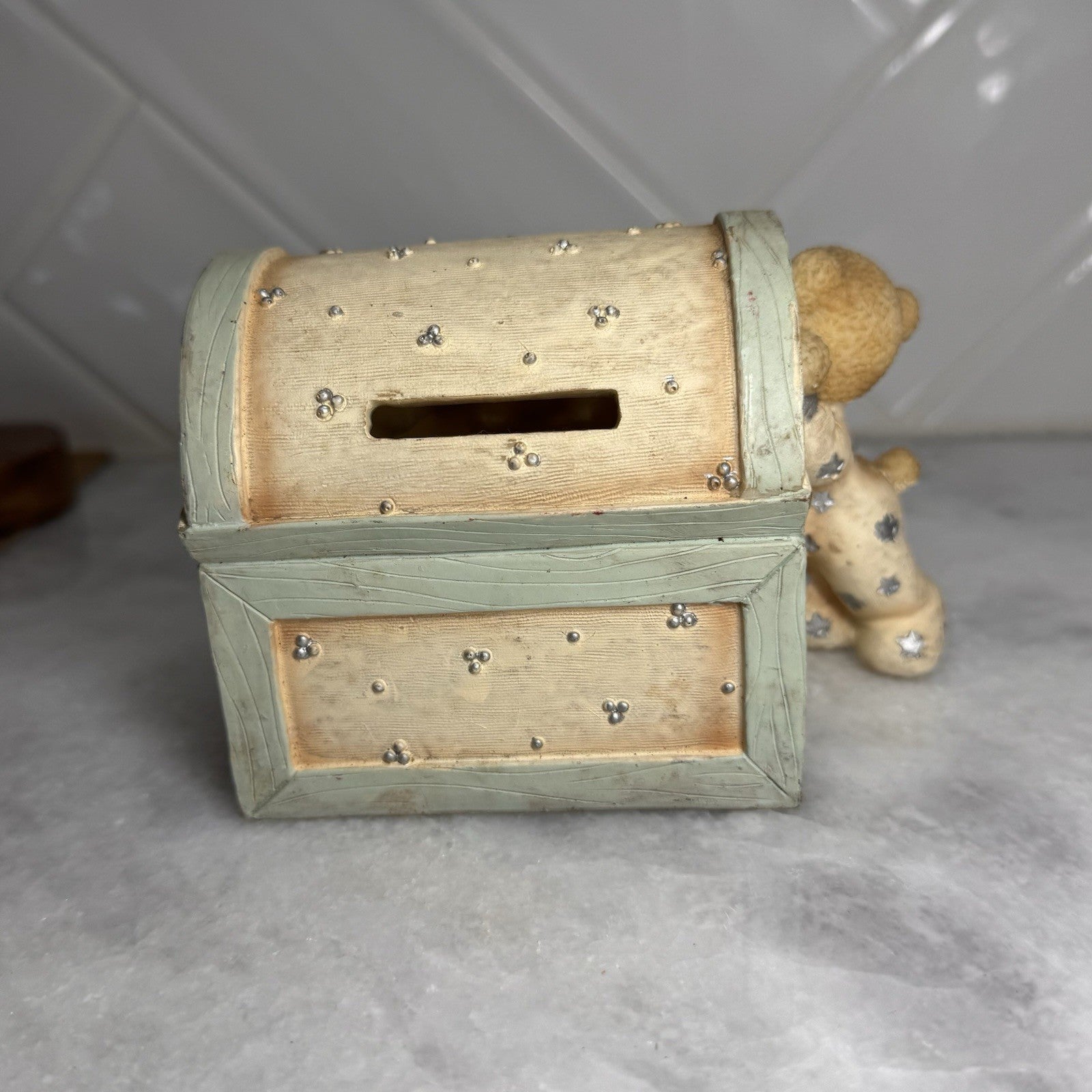 Vintage Teddy Bear Toy Chest Coin Bank Nursery Decor Resin Y2K