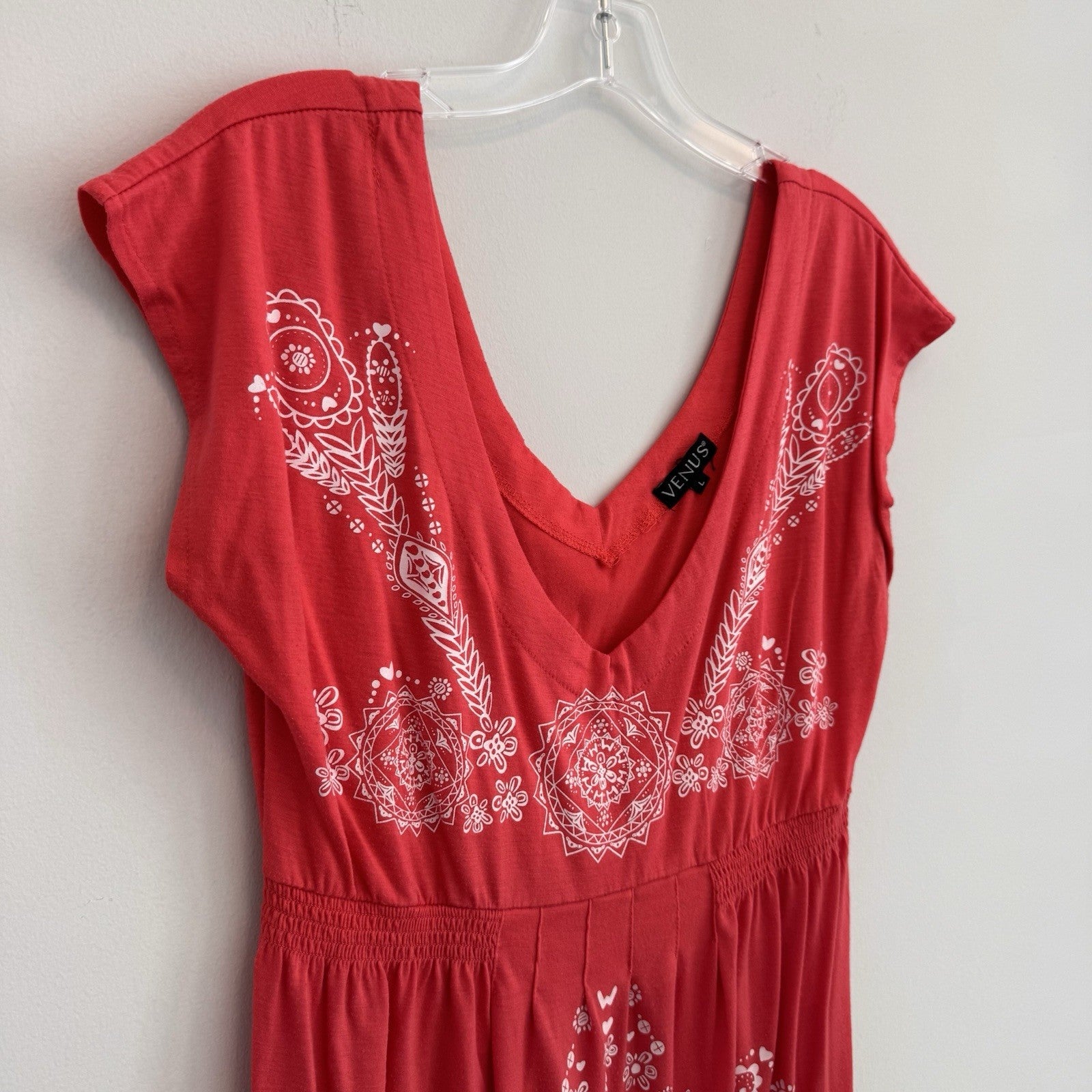Venus Women's Large Coral Medallion Graphic V-Neck Empire Waist Mini Dress Boho