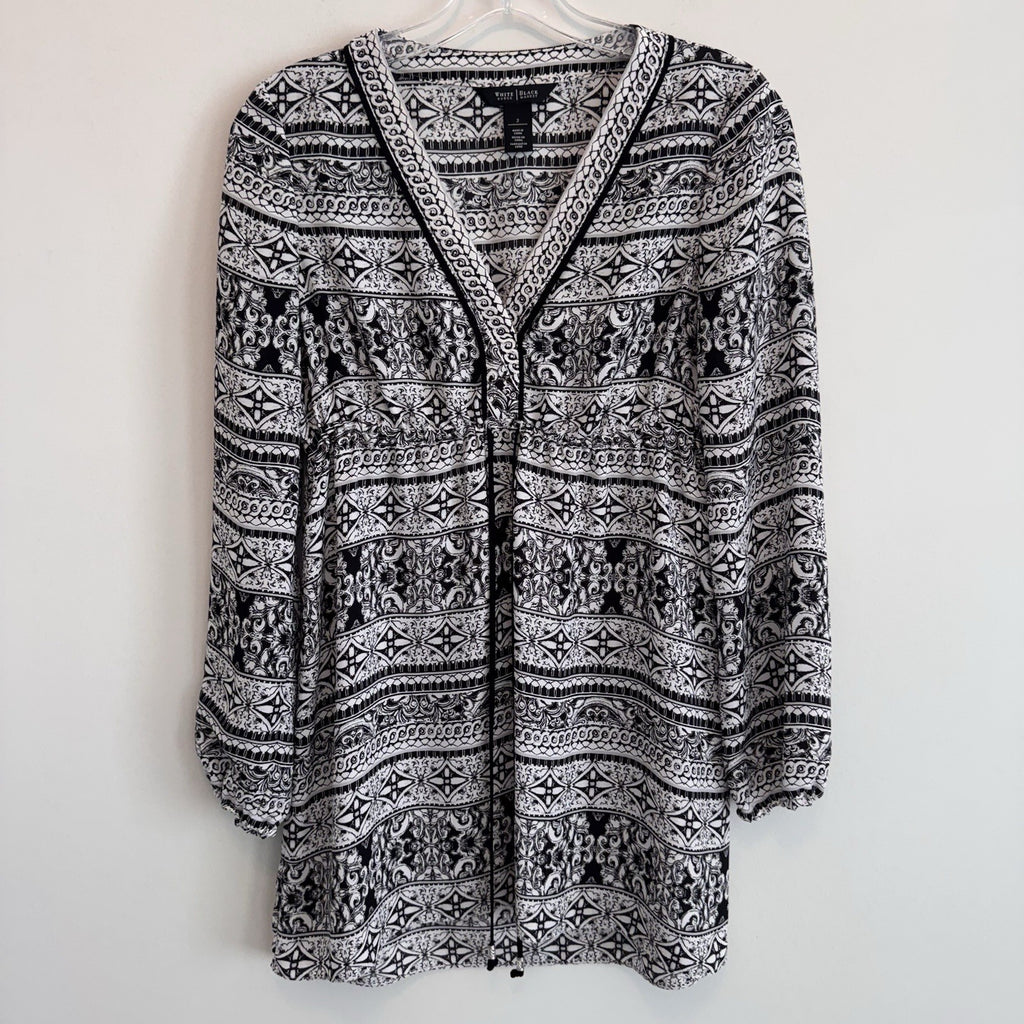 White House Black Market Boho Dress Black White Print Women’s 2