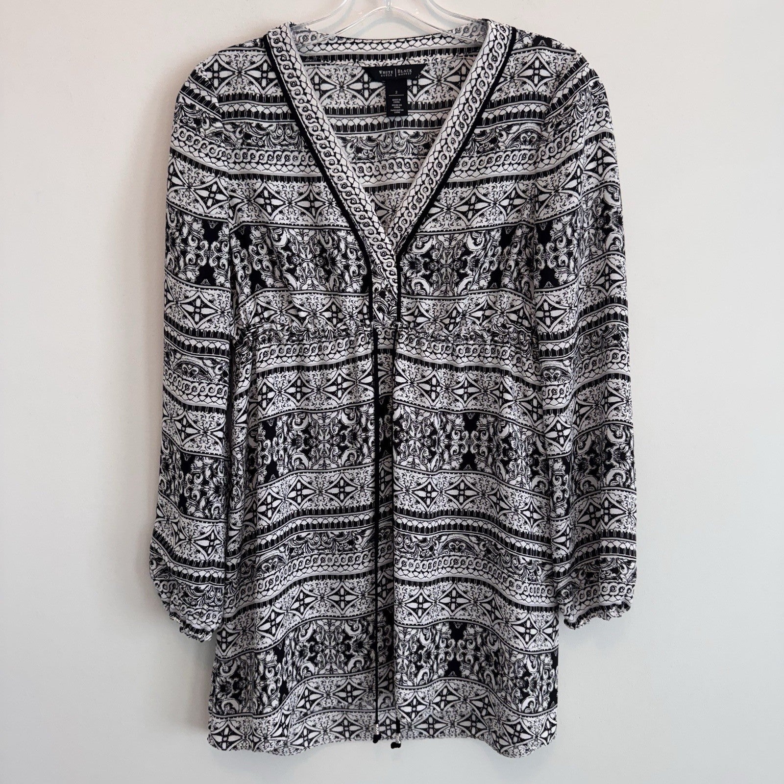 White House Black Market Boho Dress Black White Print Women’s 2