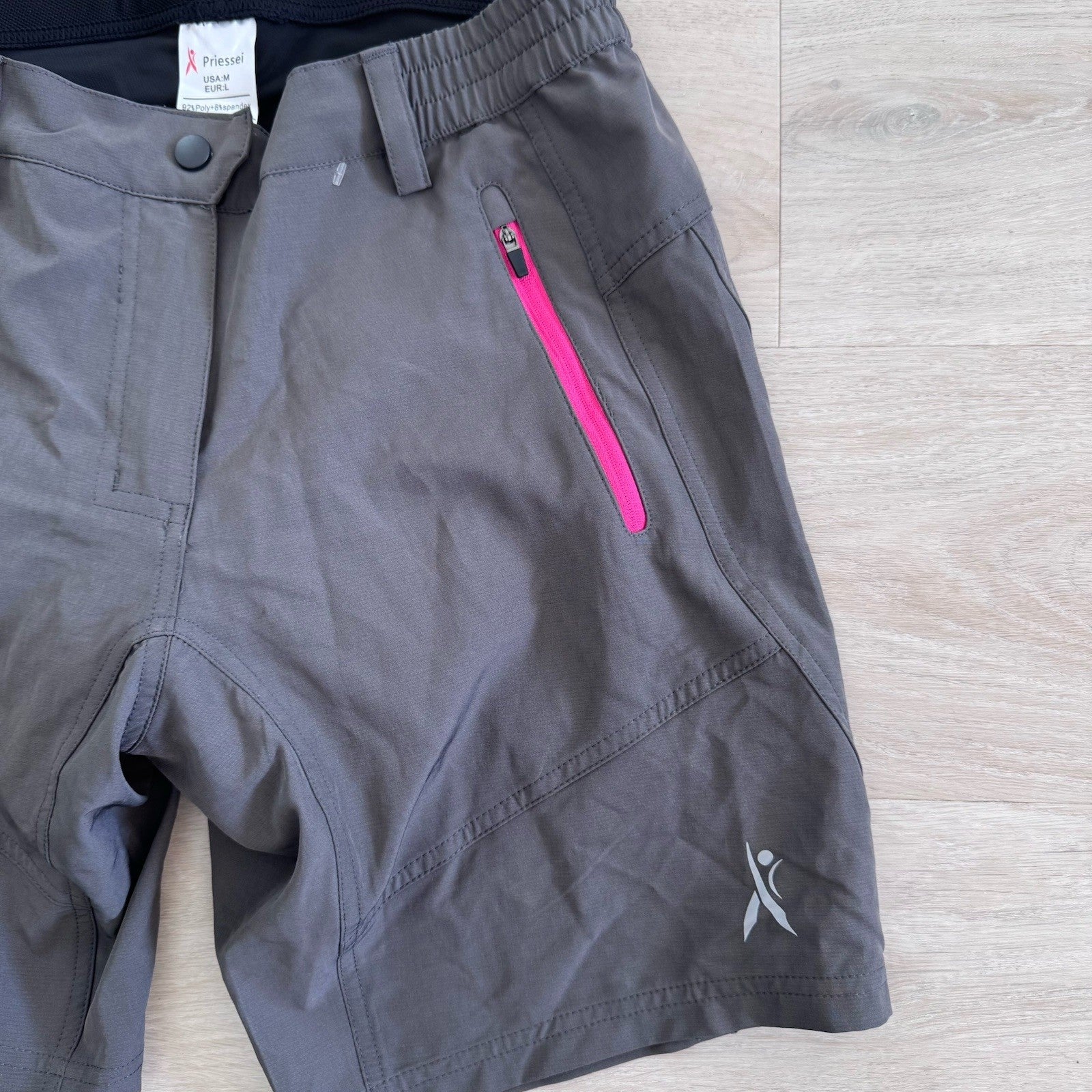 Priessei Gray Athletic Shorts M Pink Zip Pockets Lined Activewear NWT