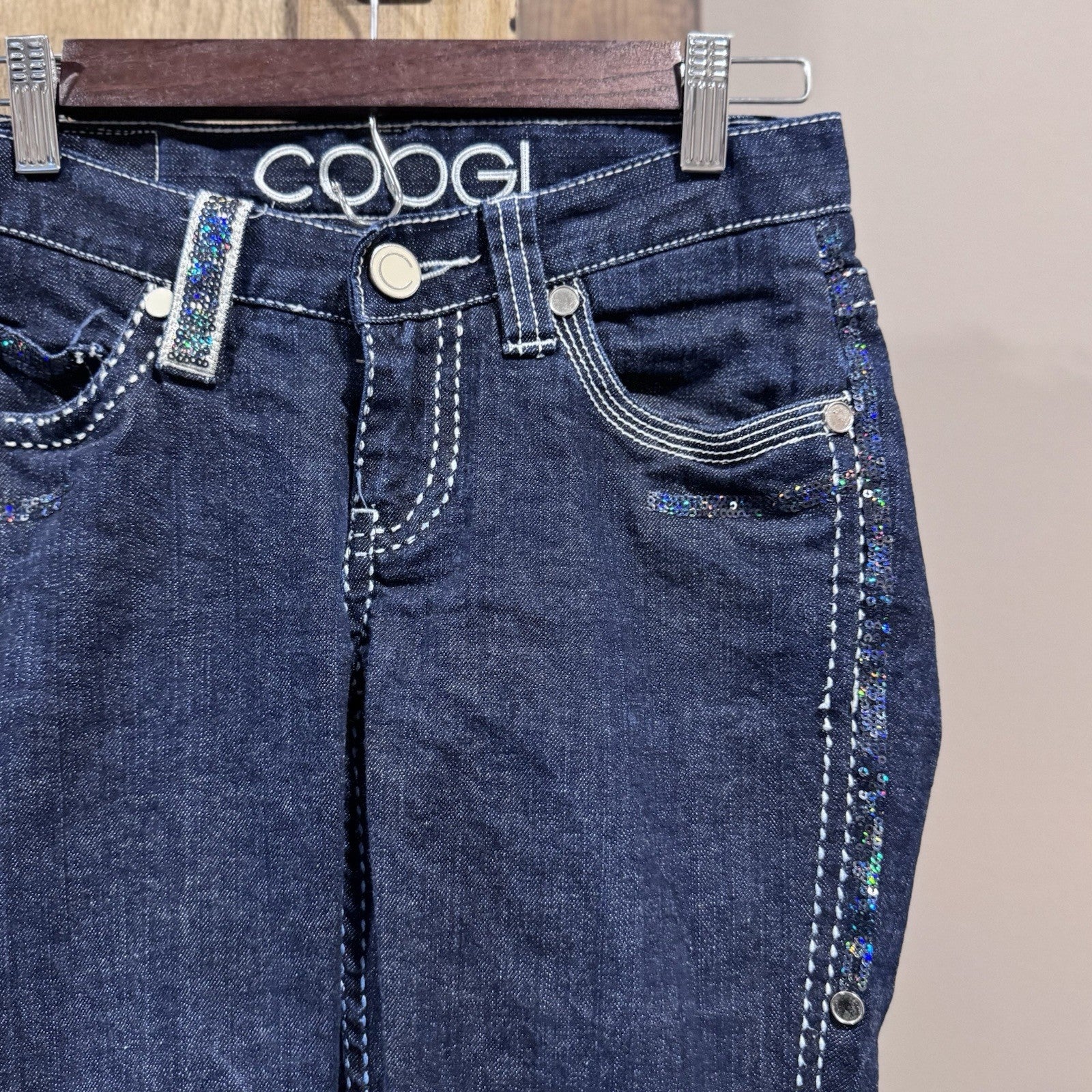 Coogi Jeans Capris 5/6 Juniors Dark Wash Sequin Embellished Denim Bling Logo Y2K