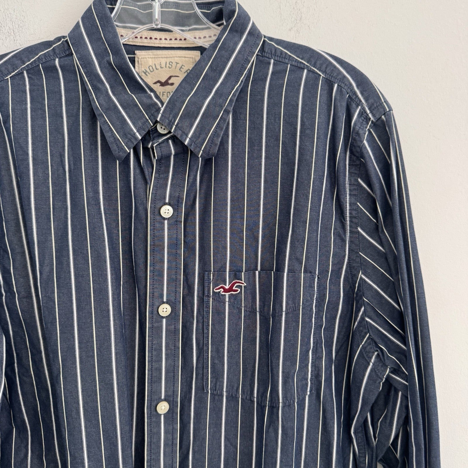 Hollister Mens Large Button Up Shirt Blue White Stripe Cotton Preppy Y2K