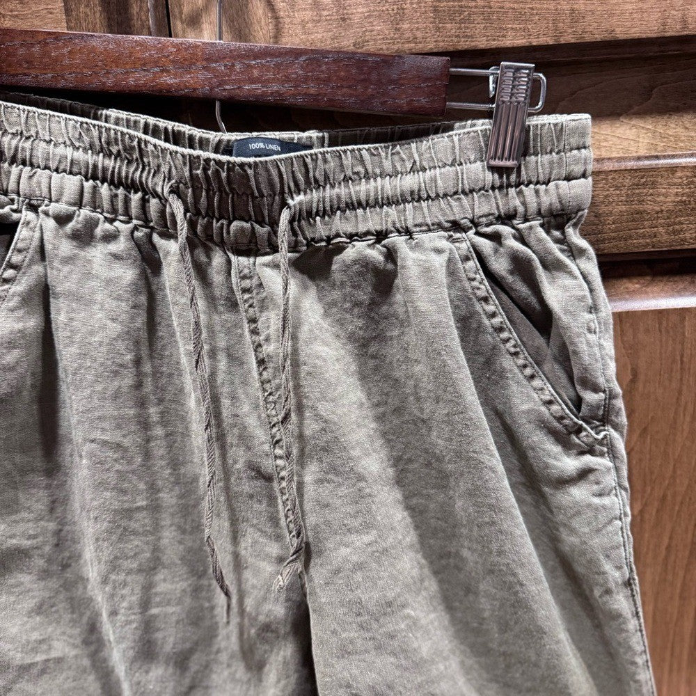 Nicole Miller 100% Linen Womens Pants Elastic Waist Pockets Brown Olive green S