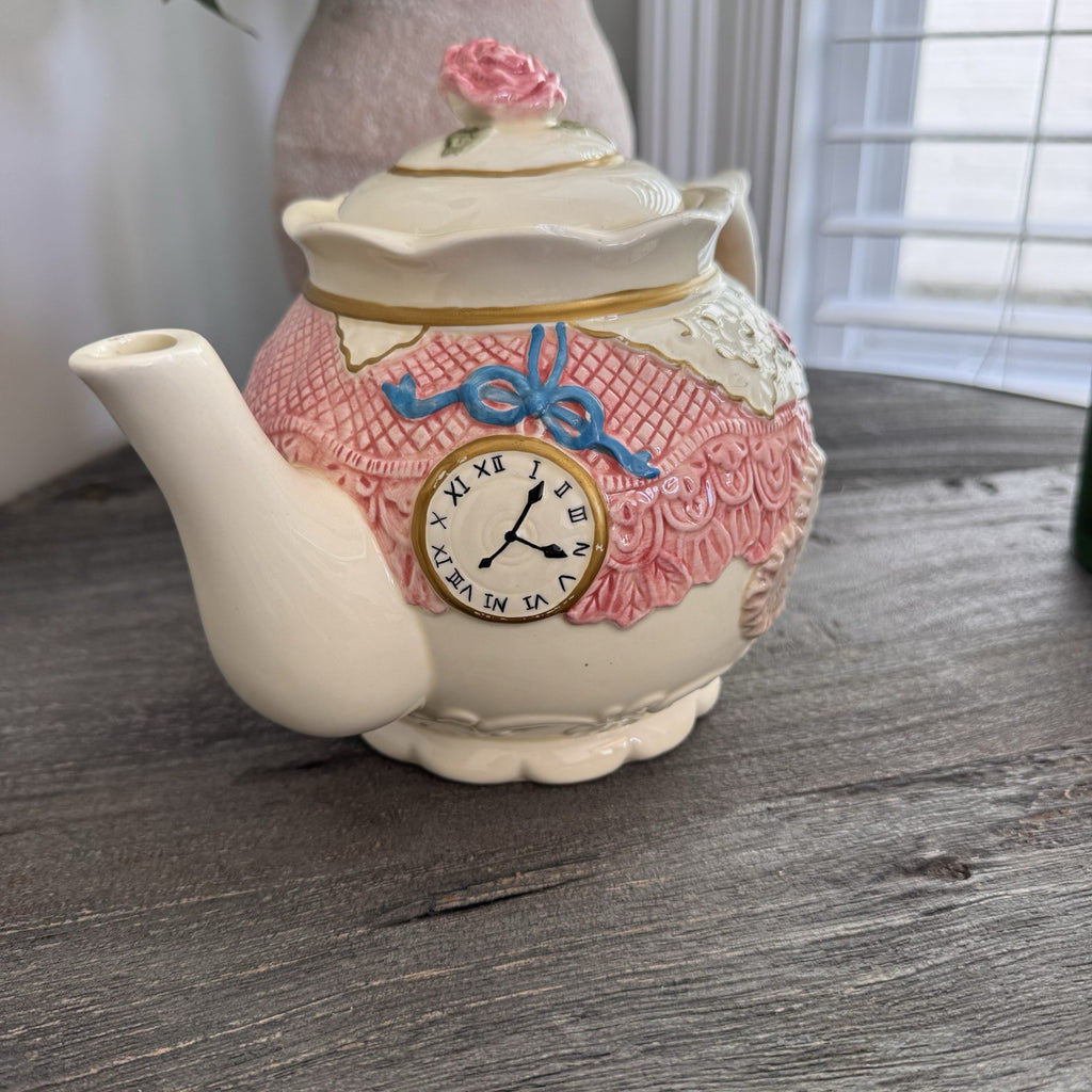 Seymour Mann Romance Teapot Thinking of You Clock Pink Lace Heart Rose Vtg