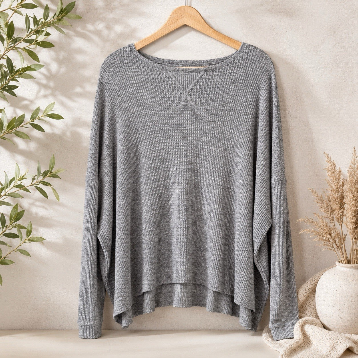 American Eagle Soft & Sexy Waffle Knit Top Gray Oversized Long Sleeve Women XL