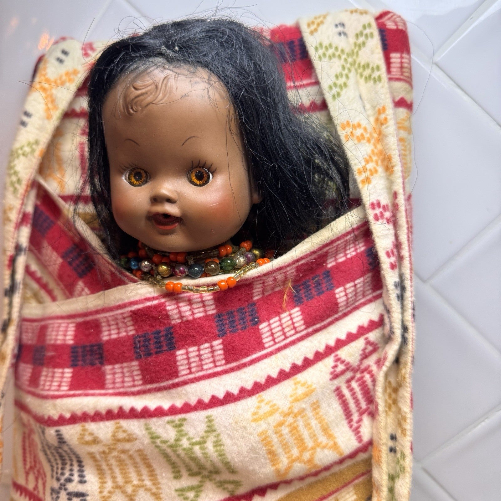 Vintage Native American Style Papoose Doll Sleepy Eyes Beaded Woven Cradleboard
