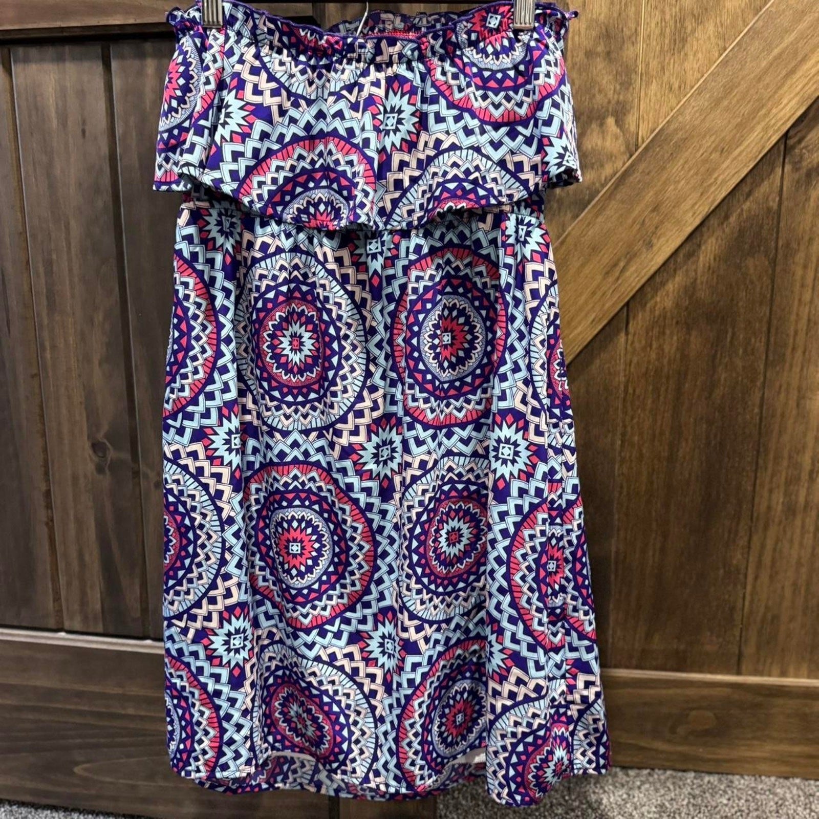 Peach Love California Boho Strapless Aztec Dress Sz S USA Made