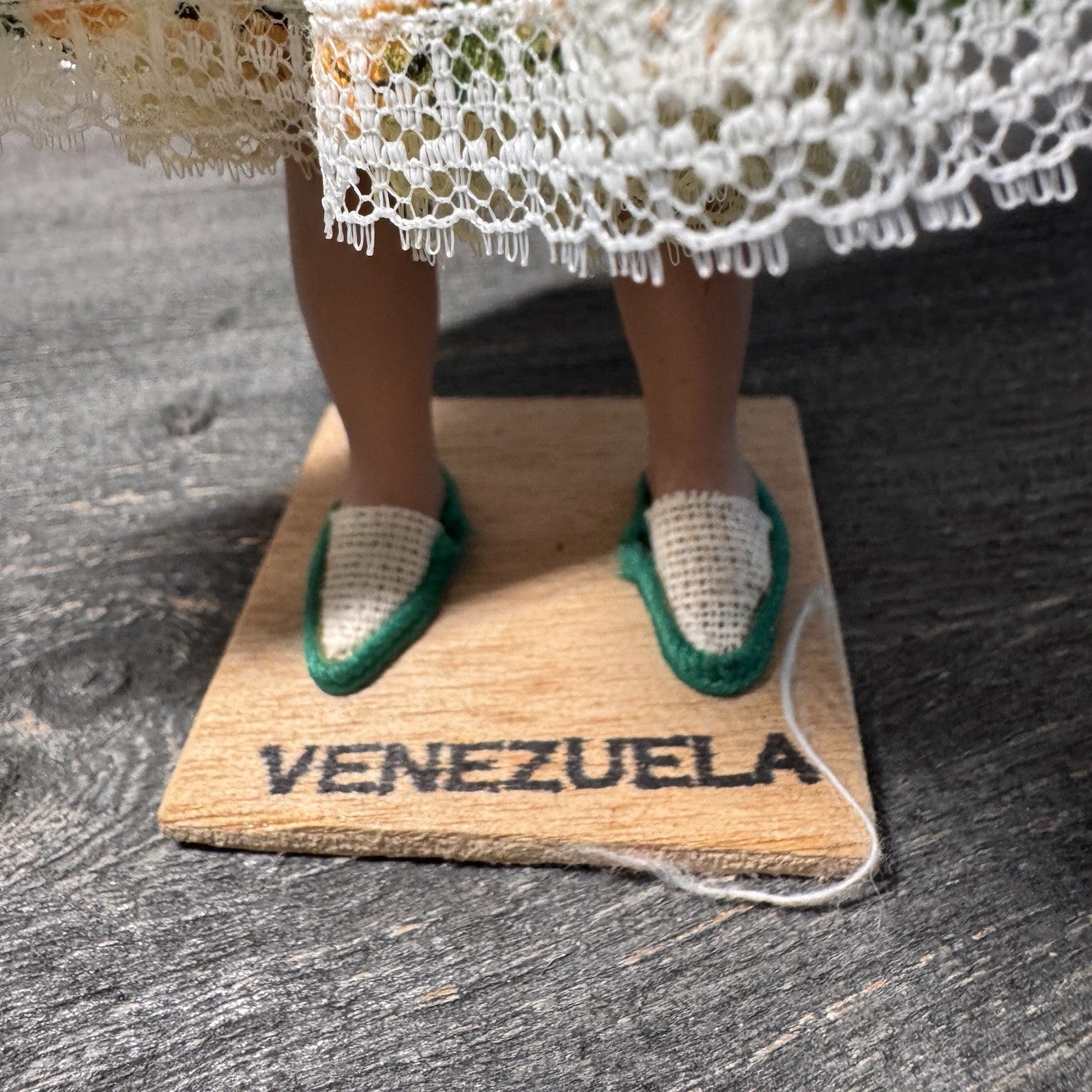 Vintage Venezuela Folk Art Doll Hand Painted 9" Souvenir Basket Wooden Base