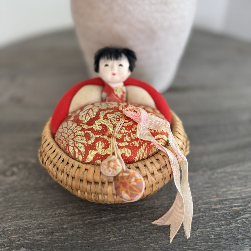 Vintage Japanese Woven Basket Doll Pincushion Geisha Silk Brocade Made in Japan