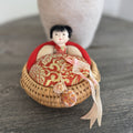 Vintage Japanese Woven Basket Doll Pincushion Geisha Silk Brocade Made in Japan