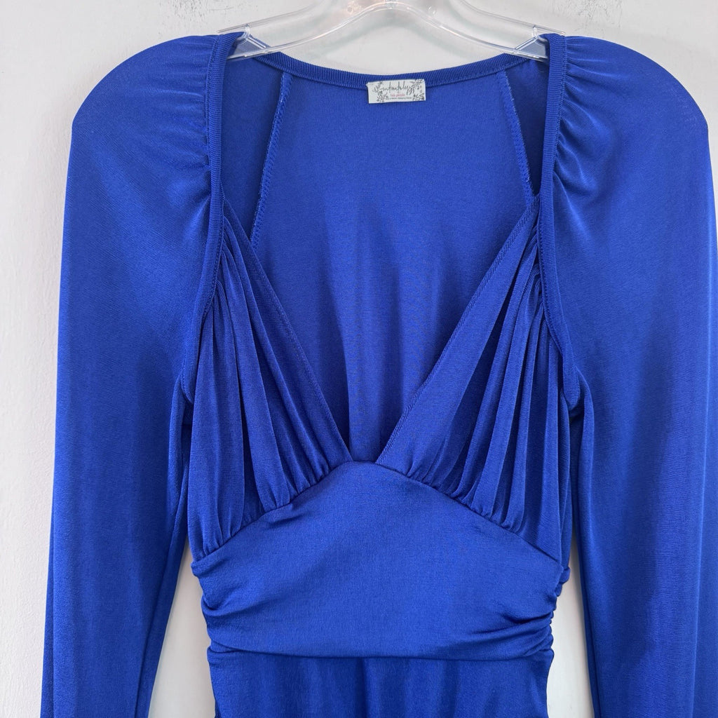 Free People Intimately Blue Long Sleeve Bodysuit Deep V Ruched Sz XS
