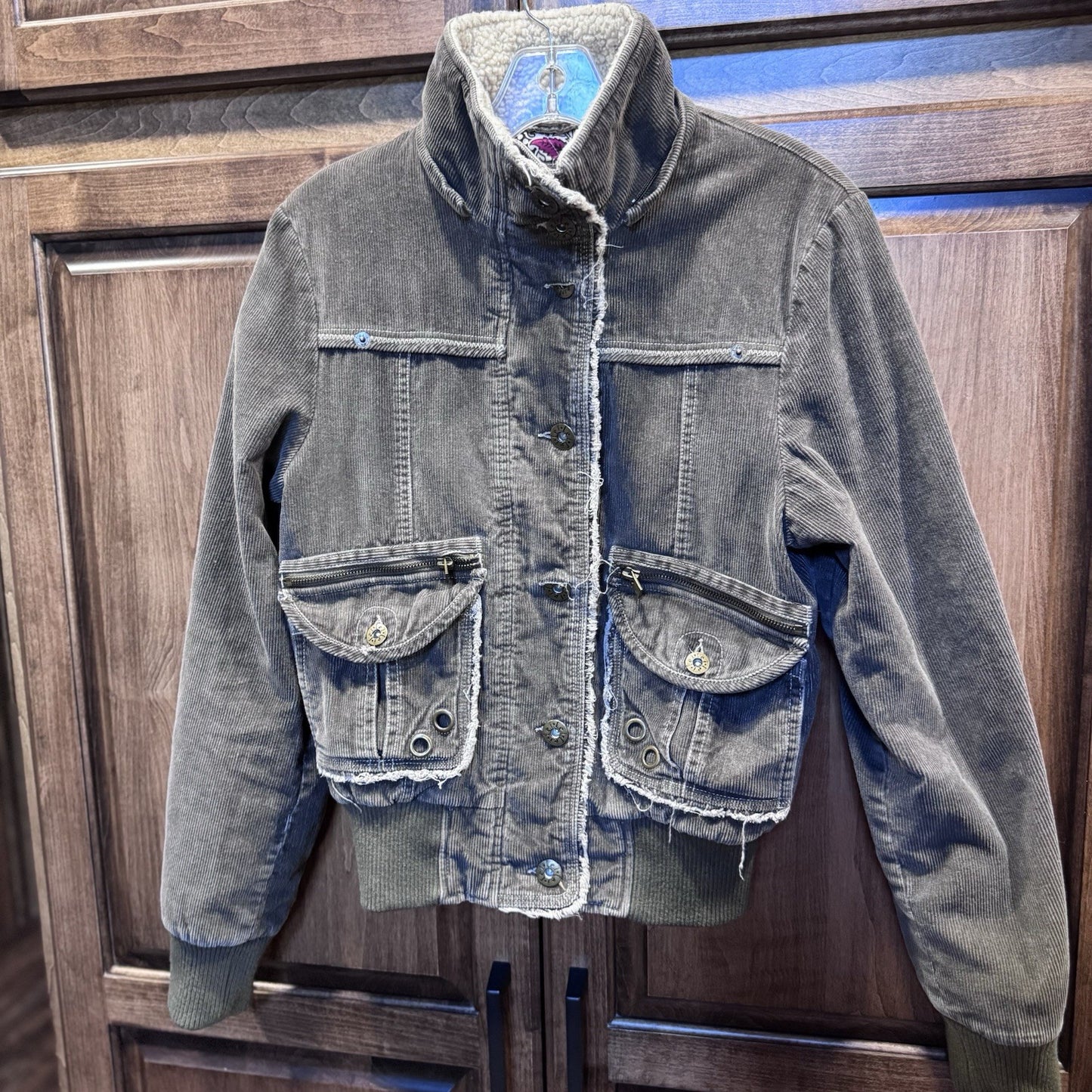 L.e.i. Sherpa Lined Corduroy Jacket Women’s M Brown Distressed Y2K Boho Grunge