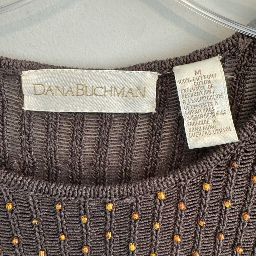 Dana Buchman Womens M Brown Beaded Open Knit Sweater Long Sleeve Crochet