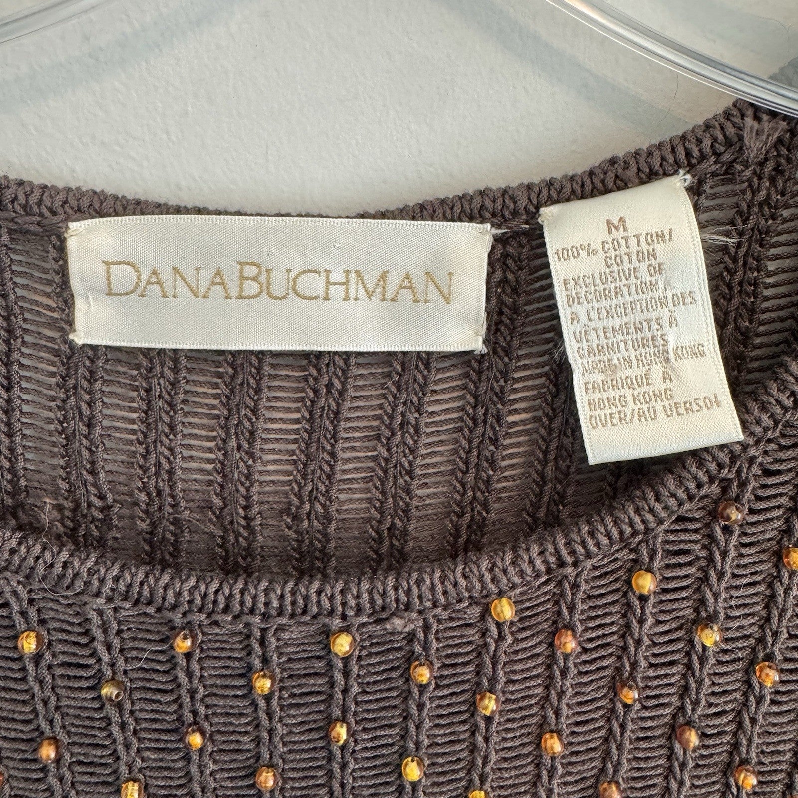 Dana Buchman Womens M Brown Beaded Open Knit Sweater Long Sleeve Crochet