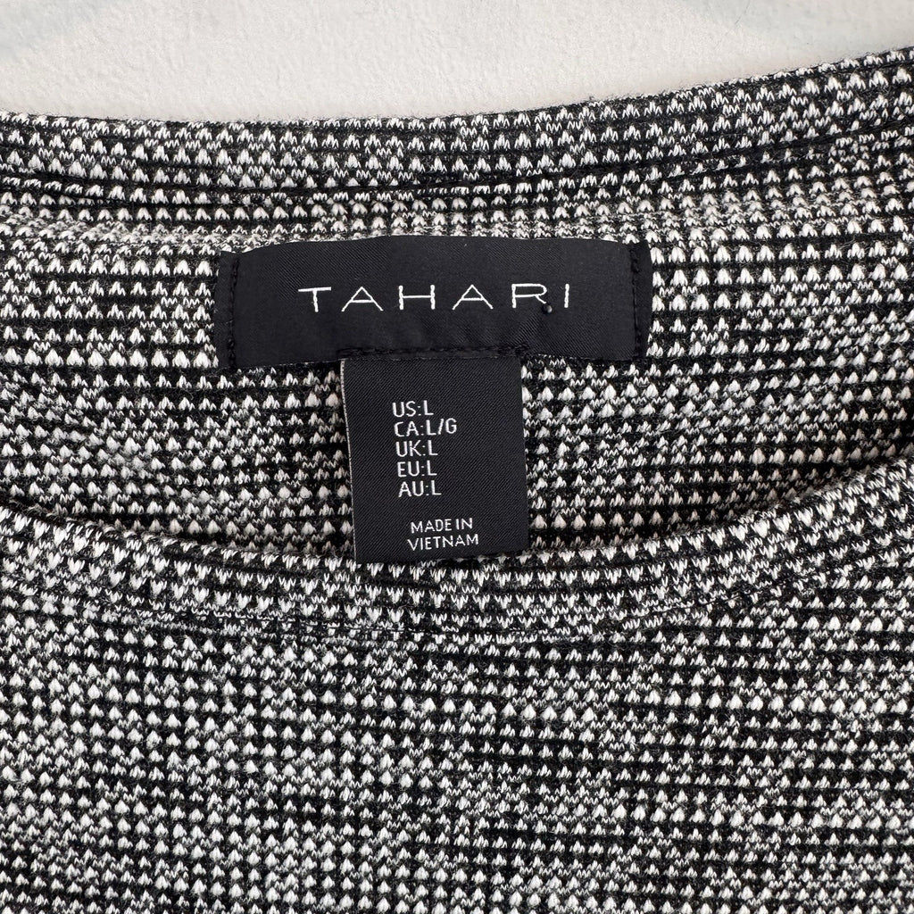 Tahari Black White Textured Knit Shift Dress Large L 3/4 Sleeve Pockets Career