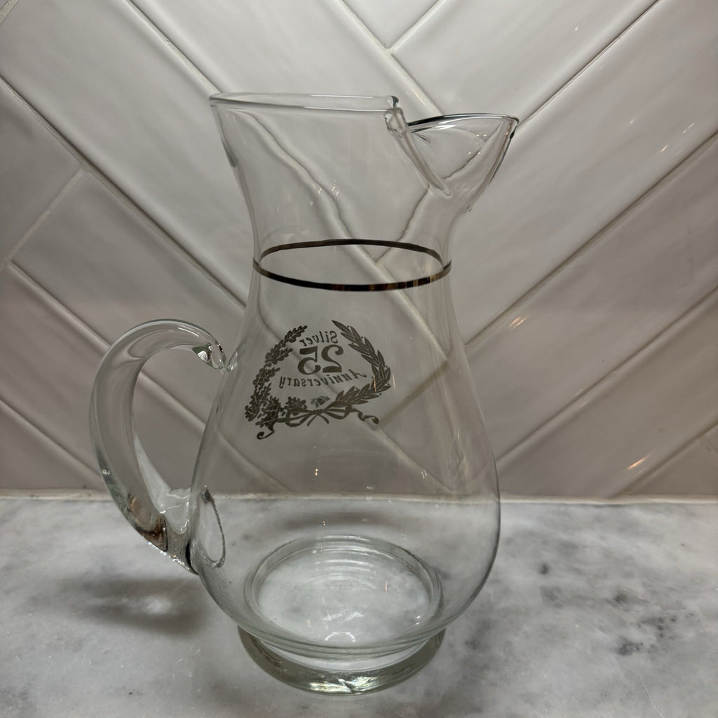 Vintage Silver 25th Anniversary Glass Pitcher Carafe Gold Trim Weston
