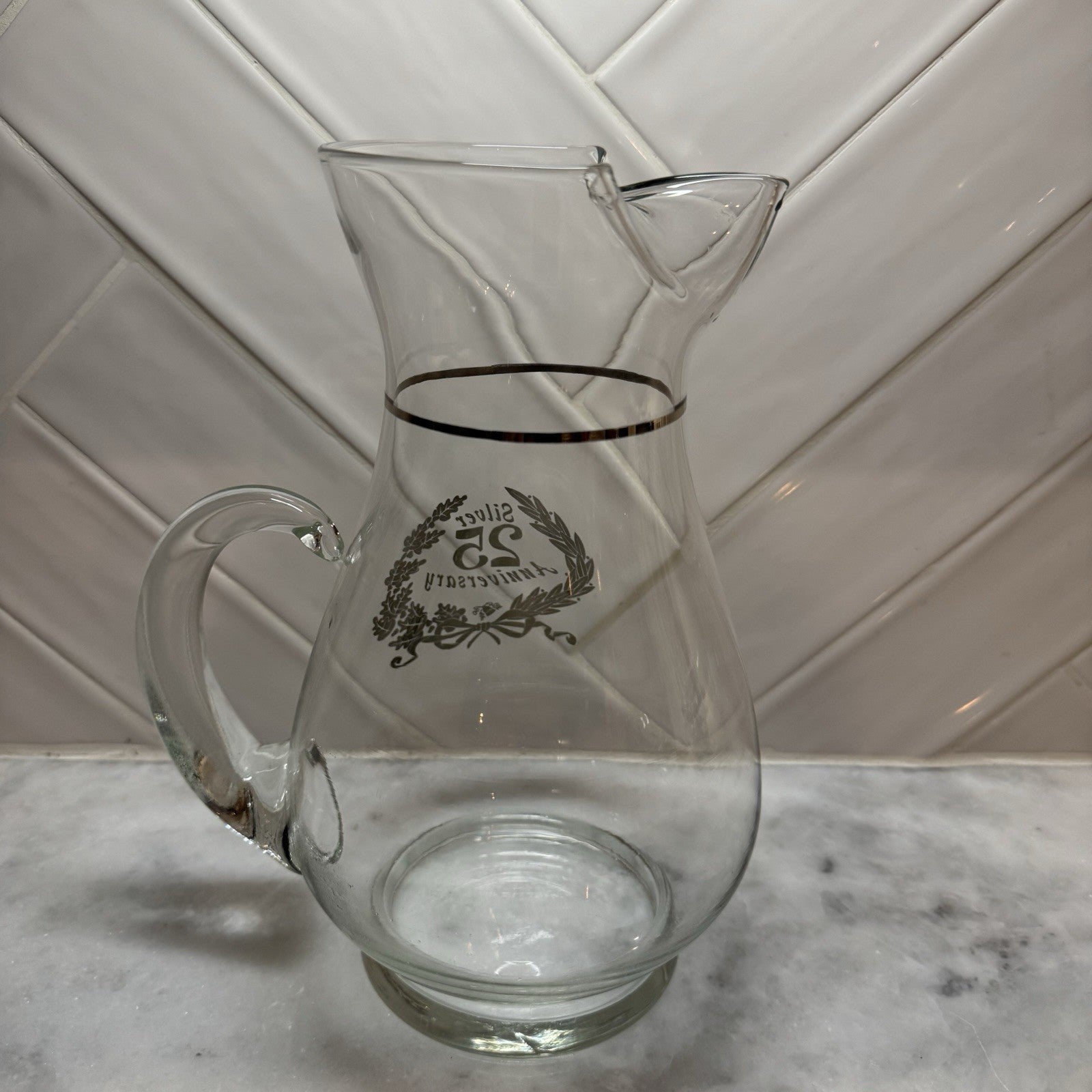 Vintage Silver 25th Anniversary Glass Pitcher Carafe Gold Trim Weston