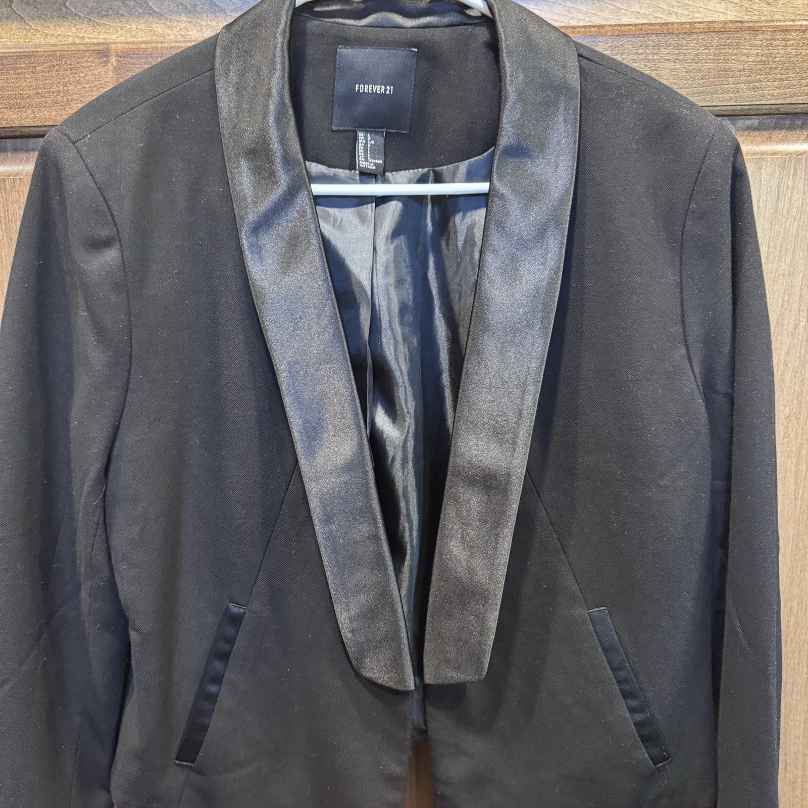 Forever 21 Black Satin Trim Blazer | Tuxedo Style | Size Large | Sleek + Chic