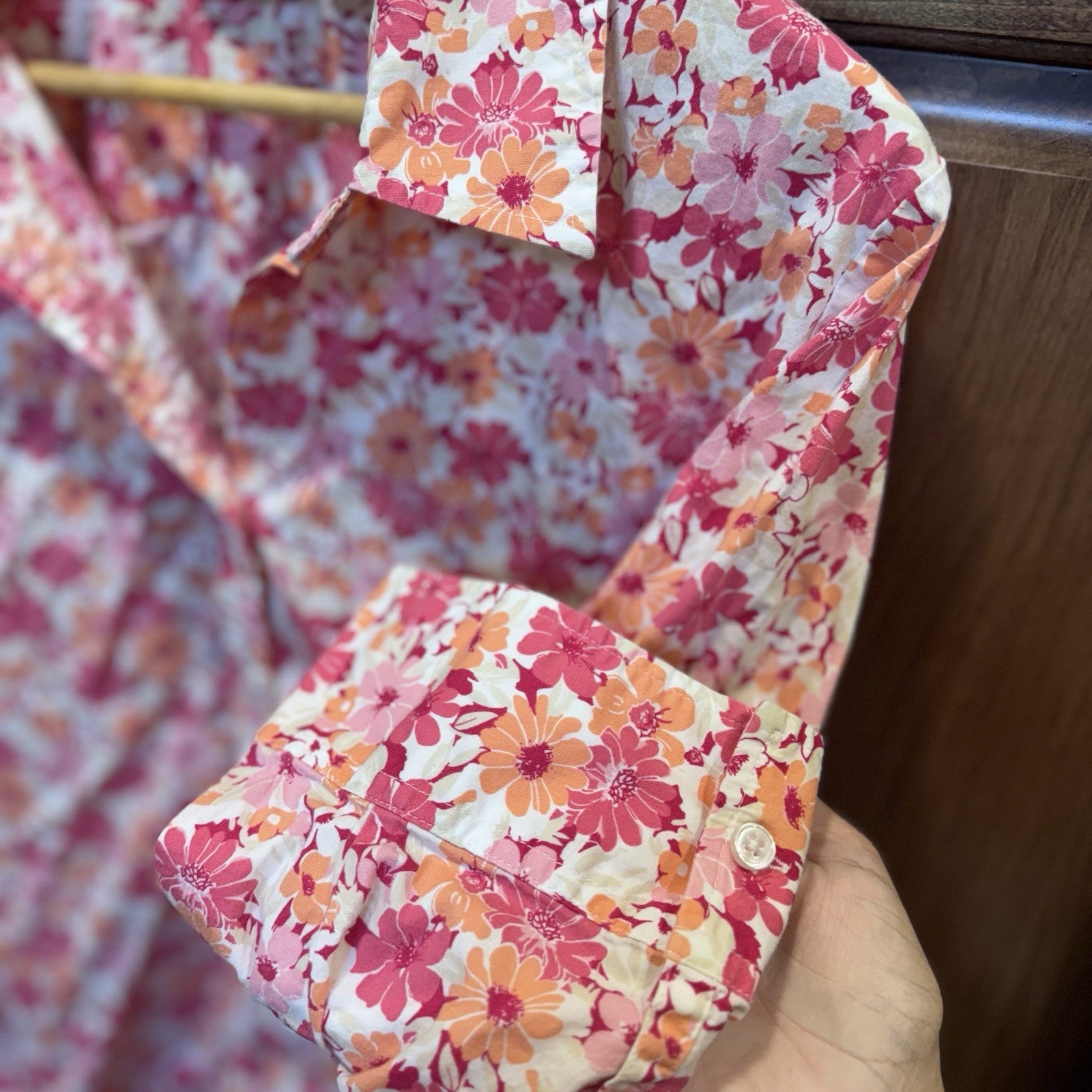 Kim Rogers Woman 2X Floral Button-Up Shirt Pink Orange White Cotton