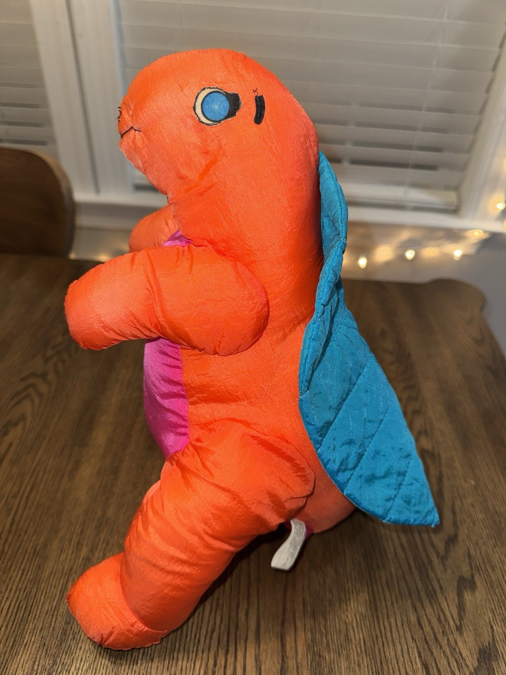 Vintage International Silver Co Dinosaur plush Nylon Orange Aqua Pink 13" Puff