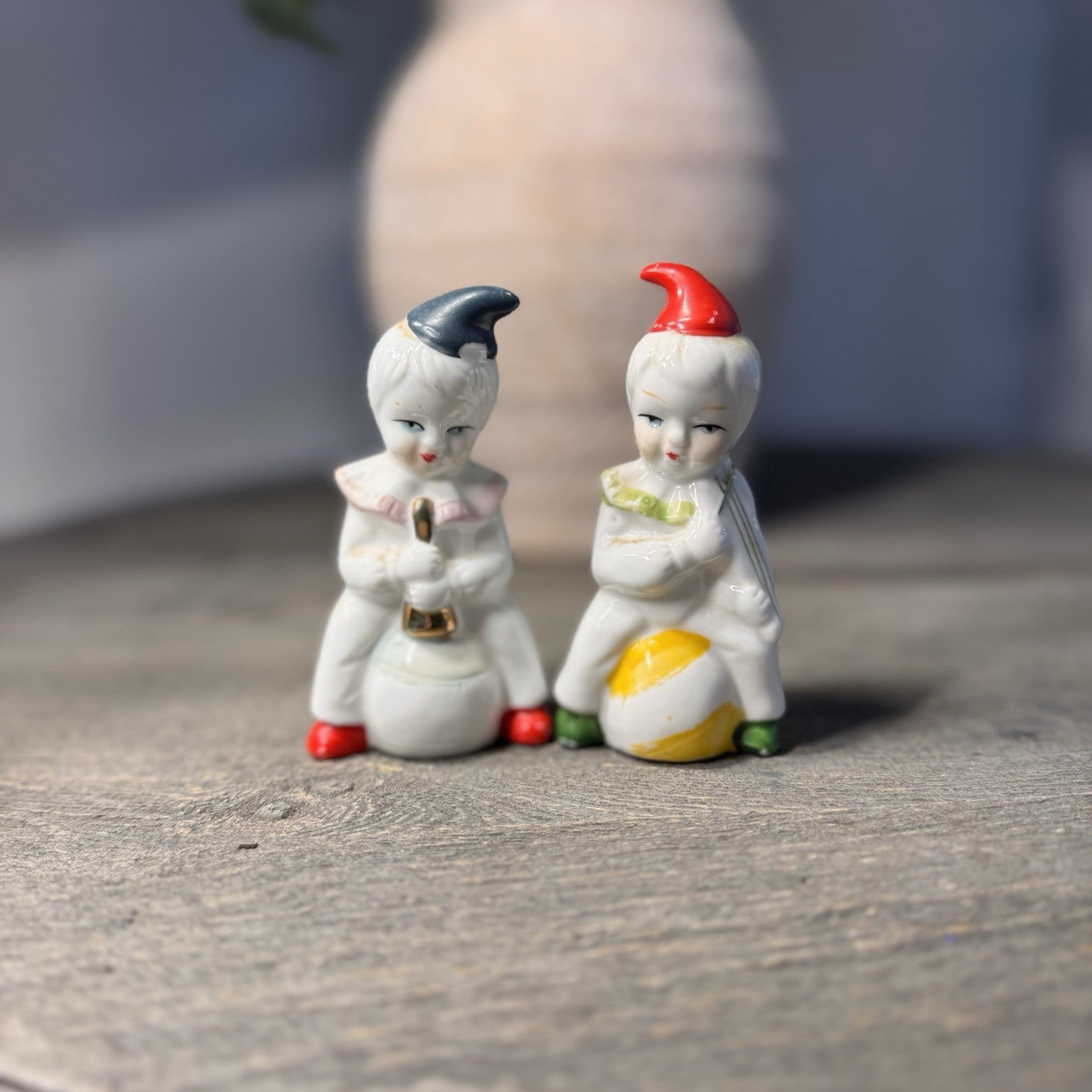 Vintage European Folk Art Doll & Miniature Porcelain Clown Figurine Trio Lot 6"