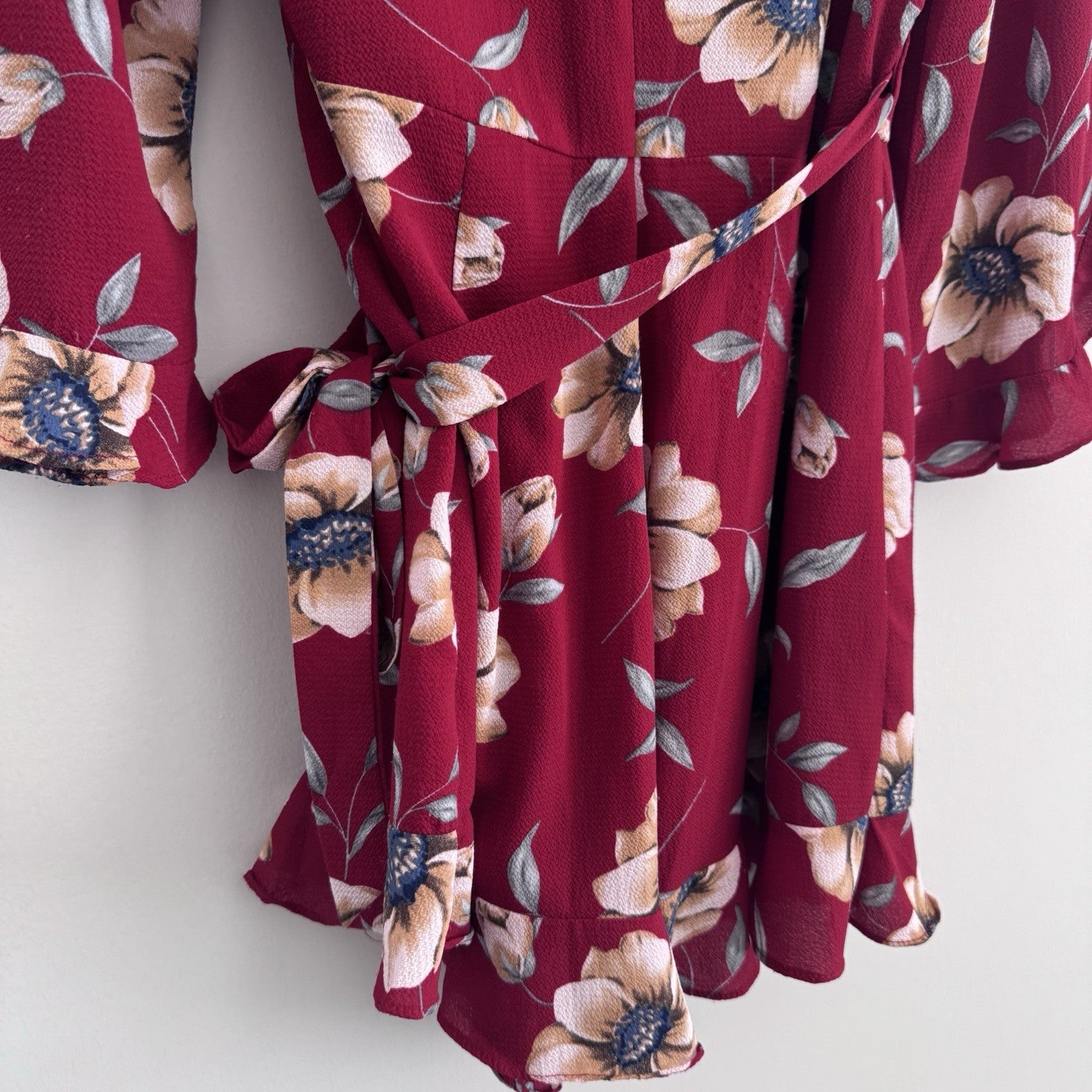 Entro Burgundy Floral Faux Wrap Dress Medium Long Sleeve Ruffle Hem