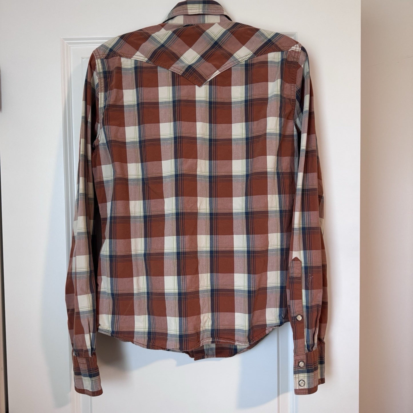 Hollister Men’s Western Plaid Shirt Small Snap Button Pearl Red Navy Cotton