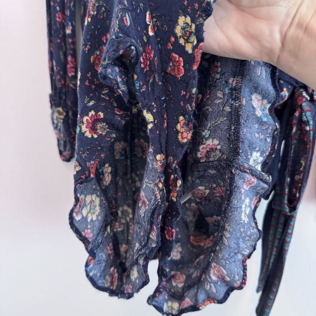 American Eagle Floral Wrap Romper Dress Small Blue Boho Long Sleeve