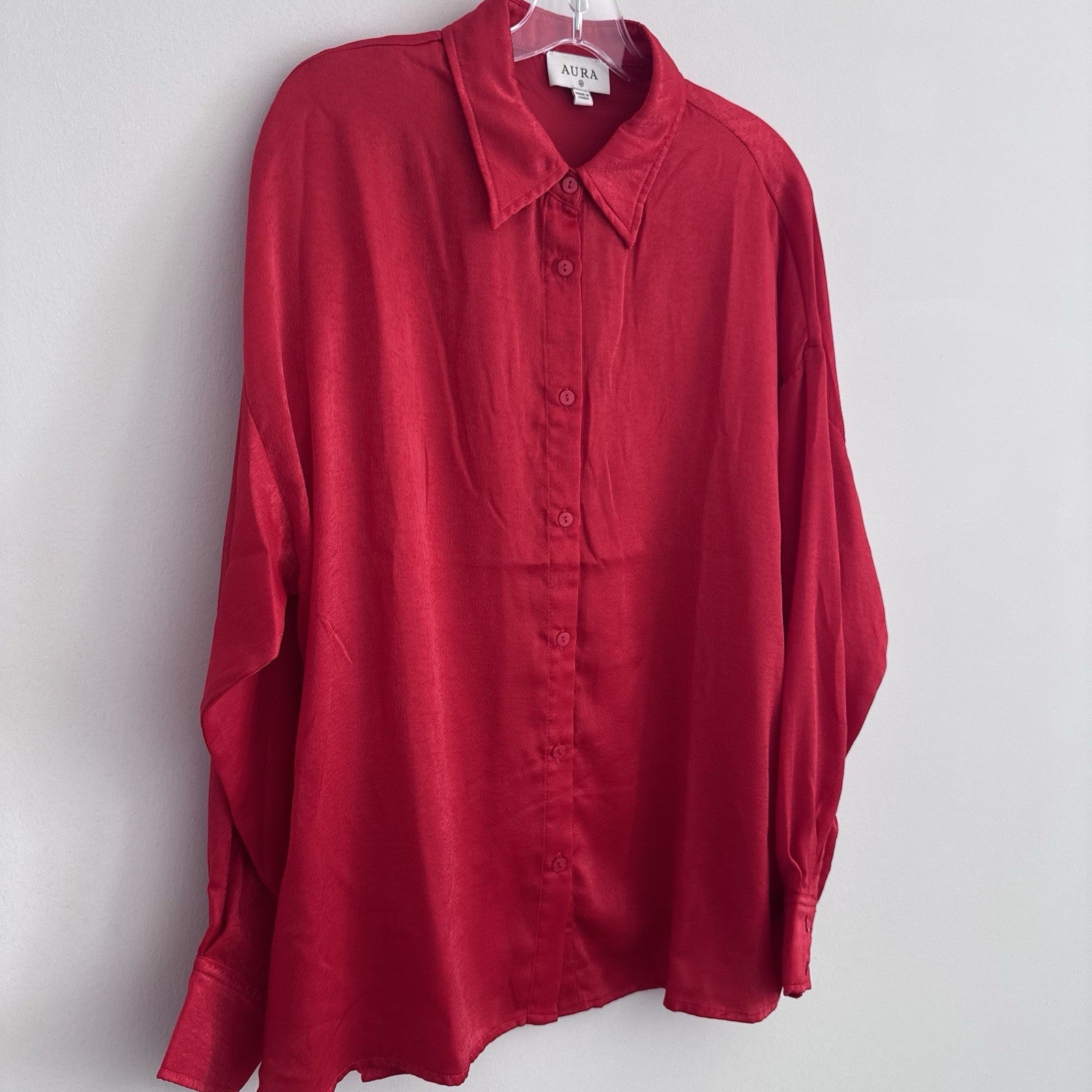 AURA Red Dress Boutique Blouse M Sheer Button Front Collared