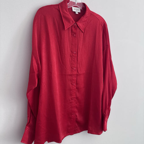 AURA Red Dress Boutique Blouse M Sheer Button Front Collared