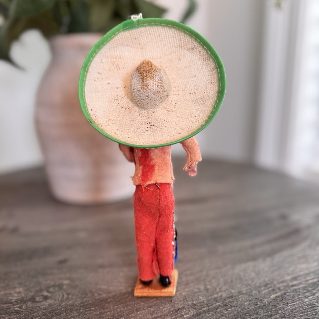 Vintage Mexican Souvenir Doll Mariachi Charro 7.5" Sombrero Serape Wood Base