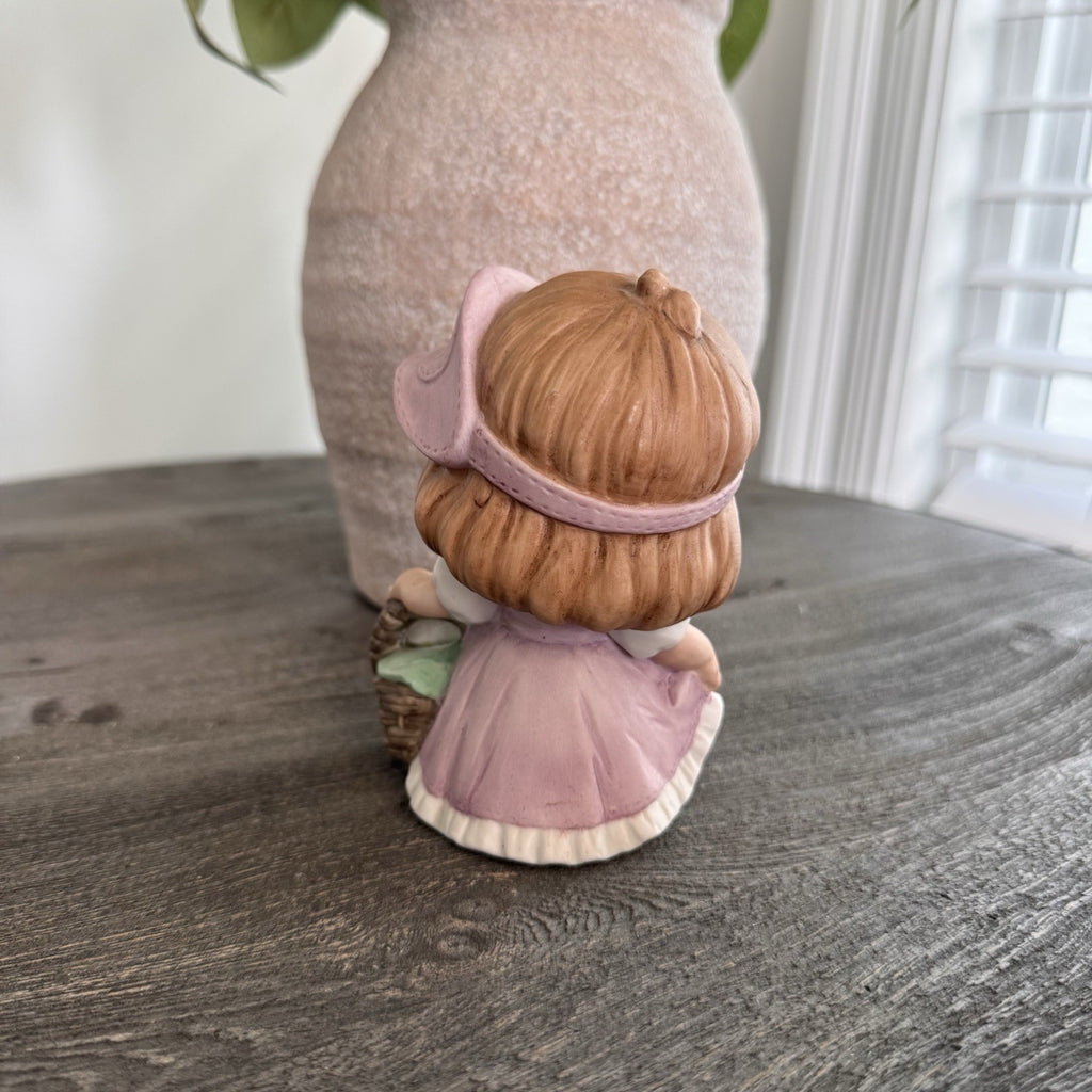 Vintage Homeco Porcelain Figurine Girl in Pink Dress with White Cat in Basket