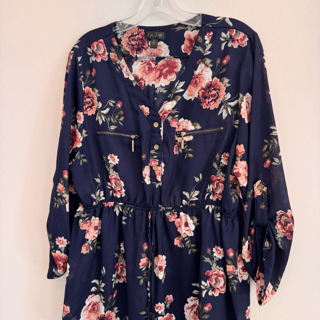 J for Justify Navy Floral Peplum Tunic Blouse Roll Tab Sleeve XL