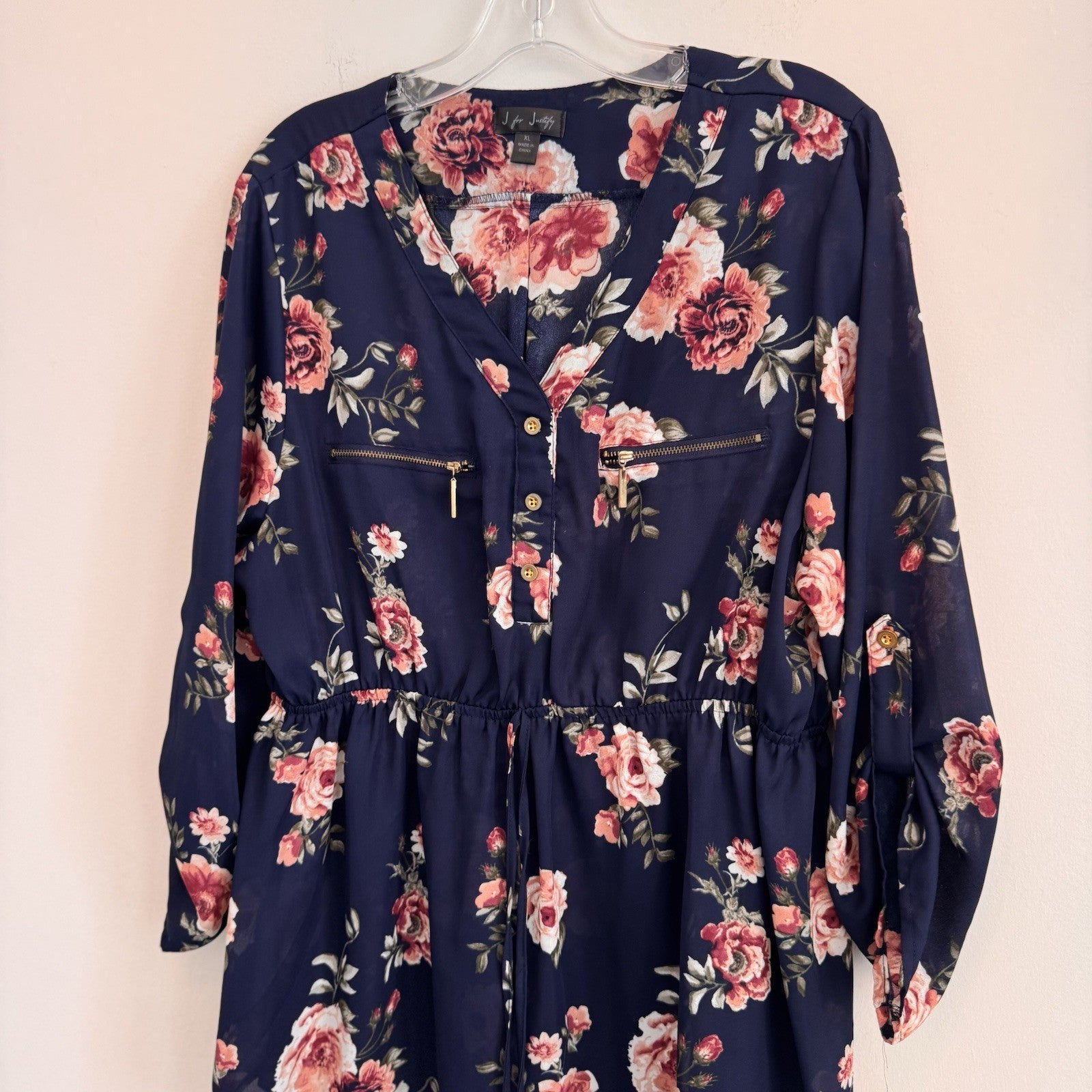 J for Justify Navy Floral Peplum Tunic Blouse Roll Tab Sleeve XL