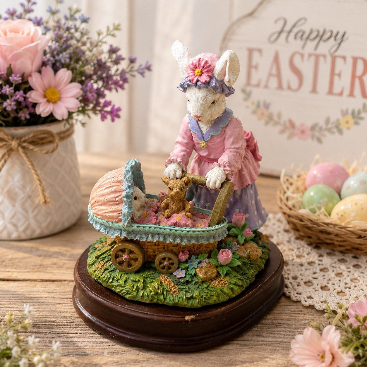 Vintage Easter Bunny Figurine Baby Carriage Spring Decor Resin Collectible