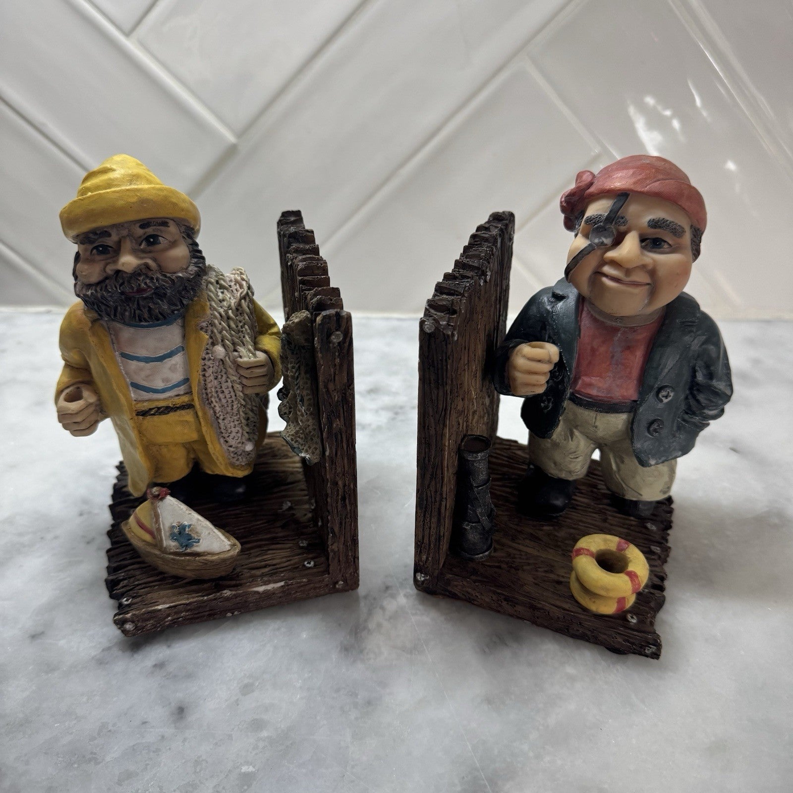 Vintage Fisherman Pirate Resin Bookends Nautical Coastal Sailor Decor Set