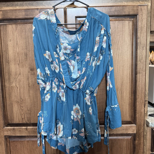 Urban Outfitters Blue Floral Wrap Romper | XS | Bell Sleeves Boho