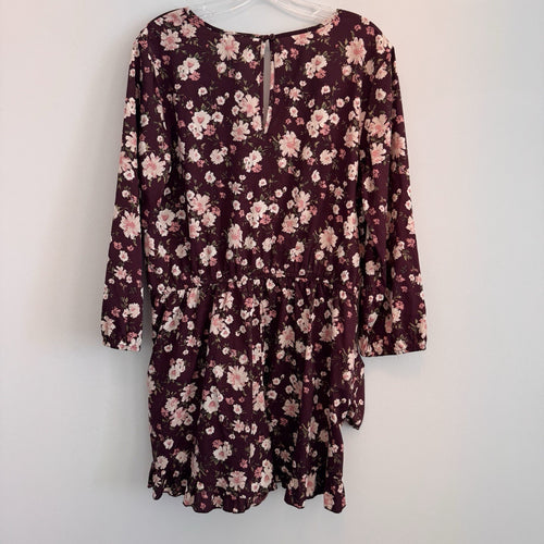 American Rag Cie Romper XL Burgundy Rose Floral Ruffle Hem Tie Front Pockets