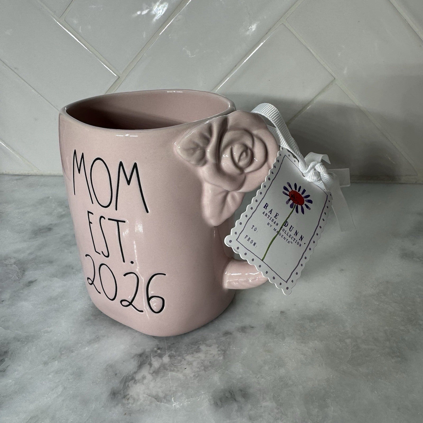 Rae Dunn MOM EST. 2026 Pink Mug Bow Handle Baby Shower New