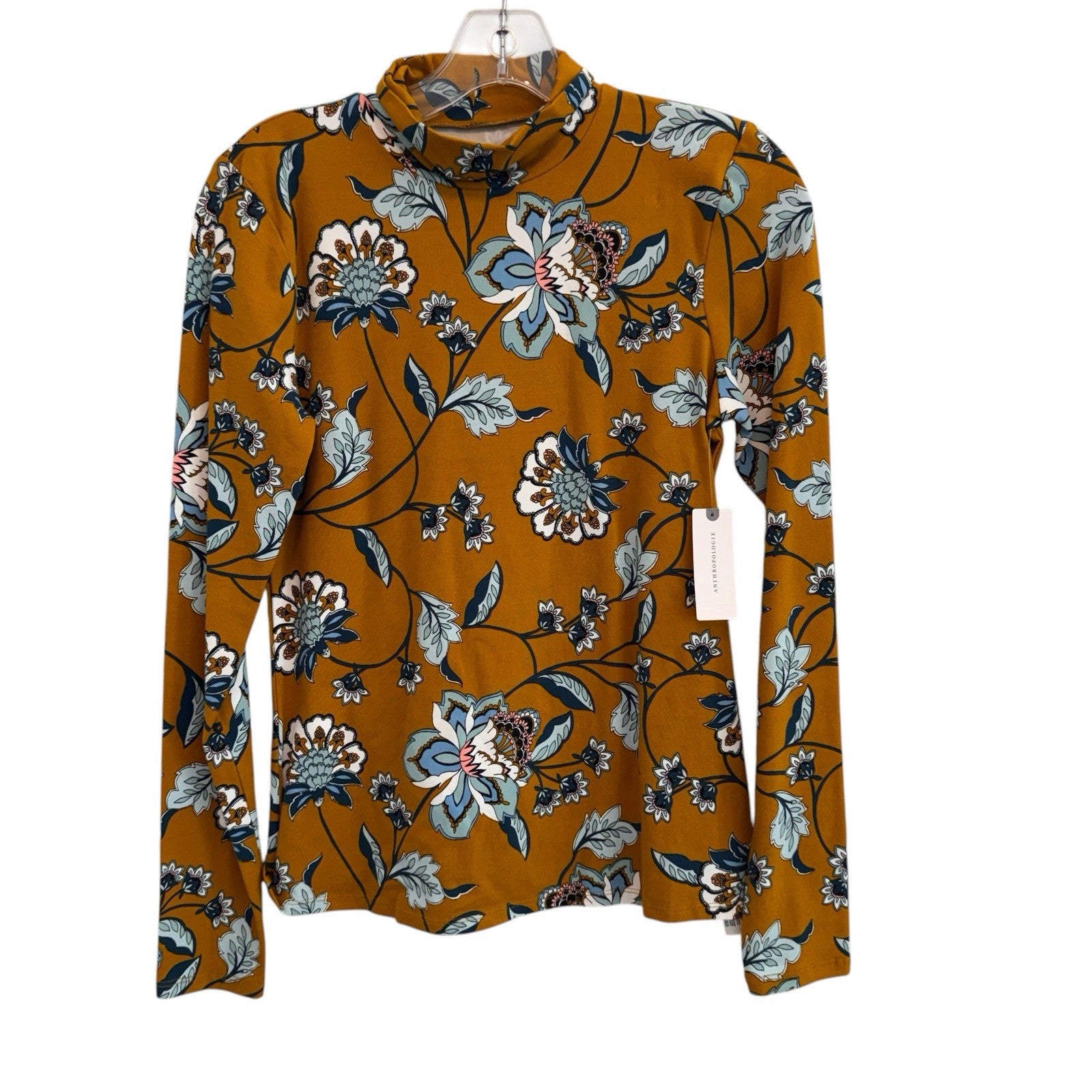Maeve Anthropologie Floral Mock Neck Top XS Mustard Long Sleeve NWT Boho
