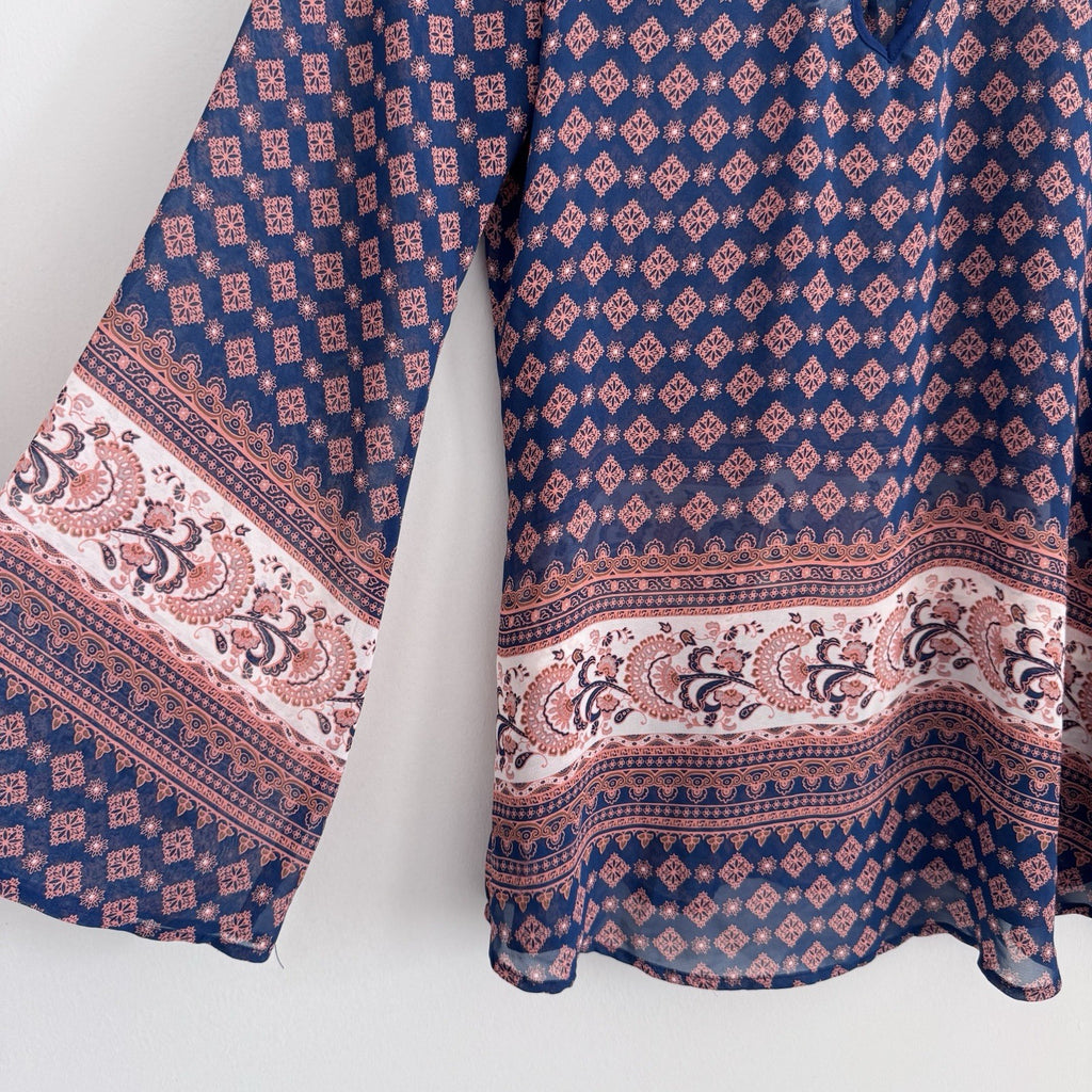 Blu Pepper Boho Blouse S Navy Coral Paisley Sheer Sleeve Top Anthropology