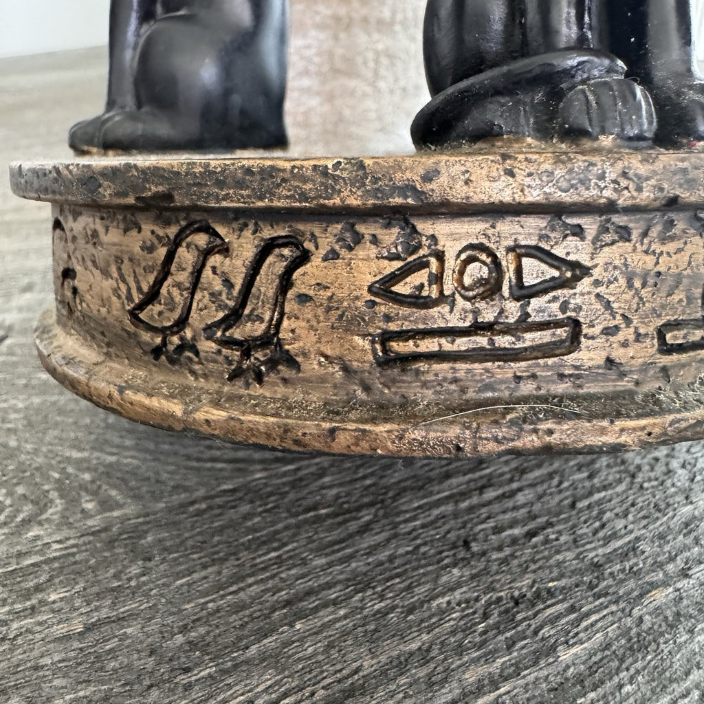 Egyptian Bastet Cat Candle Holder Trio Black Gold Resin Hieroglyphics Base