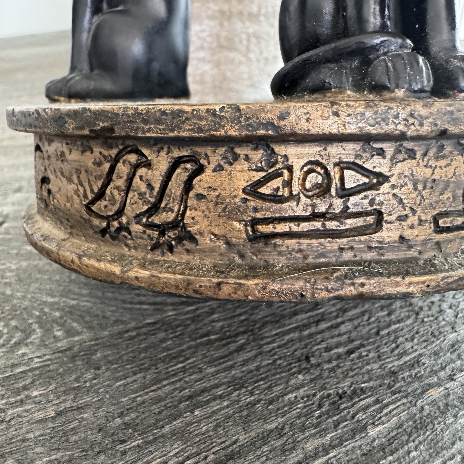 Egyptian Bastet Cat Candle Holder Trio Black Gold Resin Hieroglyphics Base